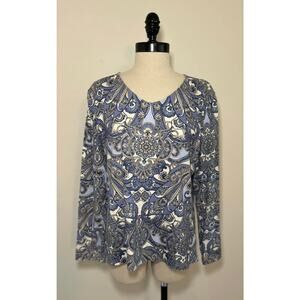 CHICO'S Blue Print Cotton Stretch Pullover Blouse Top Tee Shirt Womens 2 (L)